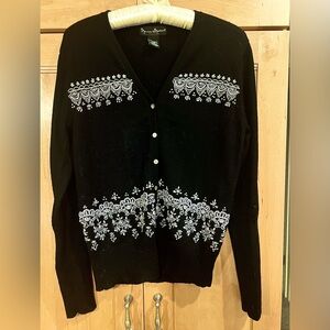 Mercer & Madison Black Cardigan with Pearl Embellishments and Grey Embroidery